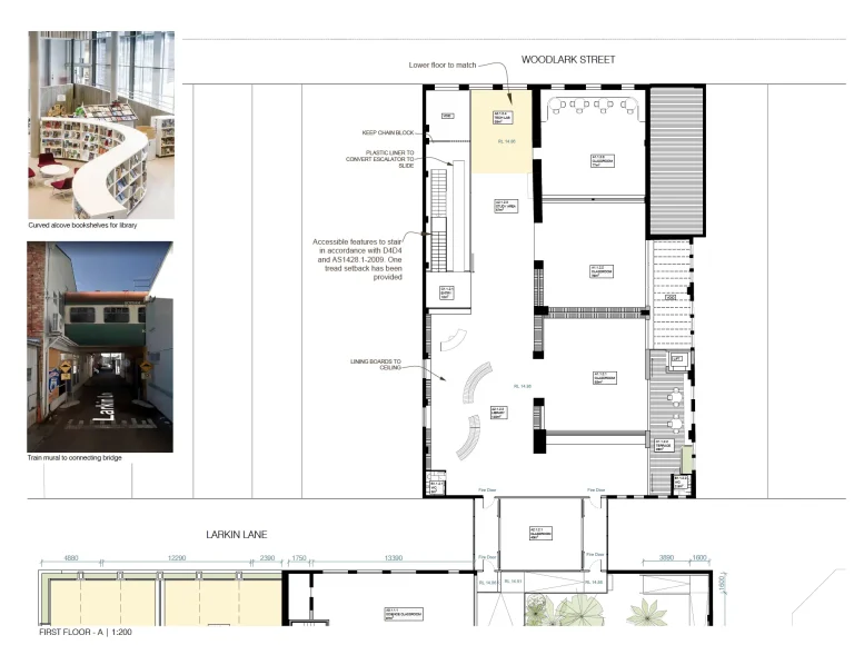 The front section "Lobe" offers a study space, a library area, and opens up a void to connect the two levels.